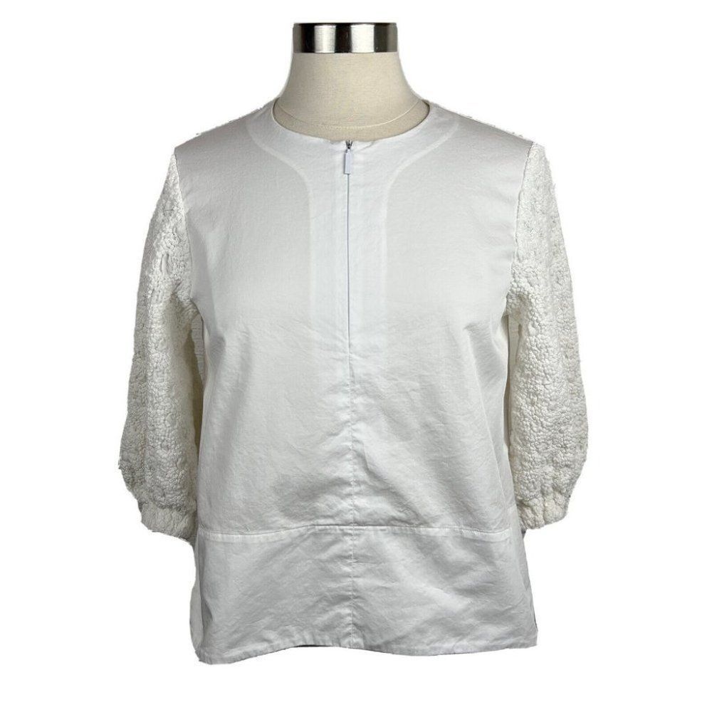 Tibi Blouse 2 Womens White Half Zip Textured 3/4 Sleeves Boho Relaxed Cotton